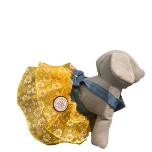 Vestido con tirantes mezclilla y tul amarillo dorado con margaritas para perro talla Huesito