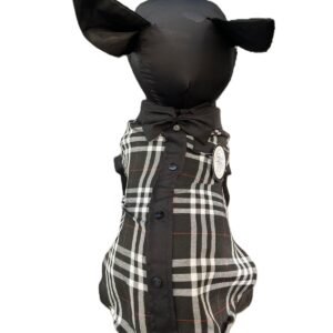 Camisa de algodón con diseño tipo escocés blanco y negro para perro talla Huesito Plus