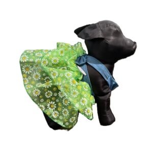 Vestido con tirantes de mezclilla y tul verde lima con margaritas para perro talla Huesito Plus