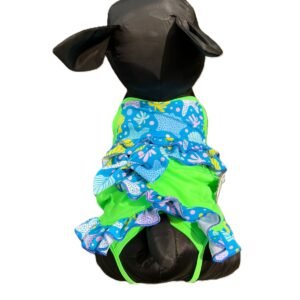 Traje de baño 2 piezas en color azul y verde con top para perro talla Alfa